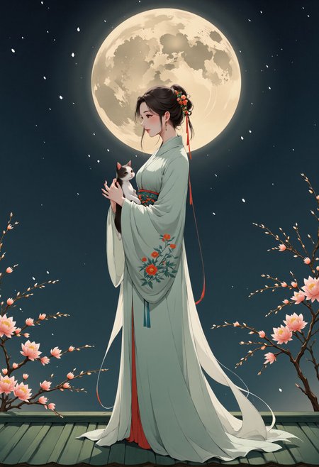 p1nktrad1t10nalch1n3s3styl3, A beautiful traditional Chinese woman stands gracefully on the edge of a roof, her elegant silhouette outlined against the dark night sky. In her arms, she gently cradles a small, adorable cat, both of them gazing up at the full, round moon that illuminates the heavens with a soft, ethereal glow. Her delicate robes, embroidered with intricate patterns, flow gently in the night breeze, catching the faint light of the moon. The woman’s serene expression reflects a quiet sense of contemplation as she stands in harmony with her feline companion, both lost in the peaceful beauty of the moonlit night. The moment is filled with a sense of longing and timeless beauty as they silently share the tranquility of the scene  <lora:Chinese_Traditional_Painting_no_captions:0.8>   <lora:Ethereal_EasternV2:0.55>