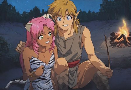 Pink_DragonPink, 1girl, sleeveless dress, white tiger print dress, pelvic curtain, cleavage, white tiger tail, red sash, small breasts, leather shoes, masterpiece, very aesthetic, smiling wide, showing teeth, <lora:pink-illustrious:1>, 
Break
1boy,Anime screencap,link (zelda),blonde hair,blue eyes,pointy ears, low ponytail, sidelocks, wearing blue hyilian tunic, happily smiling
Break
Lost woods at night, sitting on tree stumps, forest campsite, night, moon out, stars in sky, campfire, pink and link touching, cuddling, hugging, roasting marshmallows on sticks