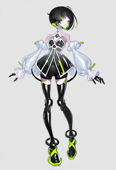 <lora:yoneyamaiXL_il_lokr_V53P1:0.95> 1girl, solo, black hair, short hair, white background, see-through, thighhighs, see-through sleeves, full body, simple background, android, bangs, green eyes, looking at viewer, bob cut, detached sleeves, dress, long sleeves, multicolored hair, shorts, shoes, robot joints, standing