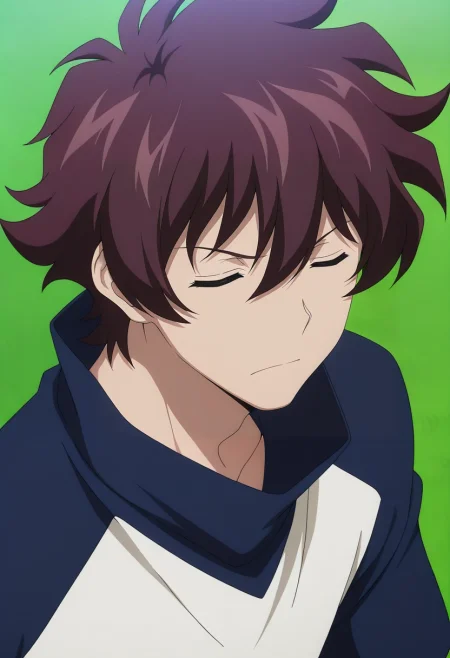 masterpiece, best quality, , anime screencap, anime coloring, official style, looking at viewer, 1boy, solo, male focus, <lora:leonardo_watch_ilxl:0.96>, leonardo_watch, brown hair, short hair, hair between eyes, bangs, closed eyes, ,