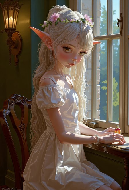 SWMS, elf sorcerer girl, snowy white hair cascading down her back, Dimly lit neon eyes, pale white skin, (sleek skintight elven outfit), (voluminous cloak), sharp narrow jaw, ((Full Body)), crystal crown, ((Detailed fantasy elven city background)), ((glyphs, runes, glowing)), sitting at cafe bar, turned around, looking back, detailed drawing   <lora:FLUX - SWMSF - Styles for FLUX ( detailed drawing, swms ):1> <lora:FLUX - Surreal_Photo (Glitter):0.6>