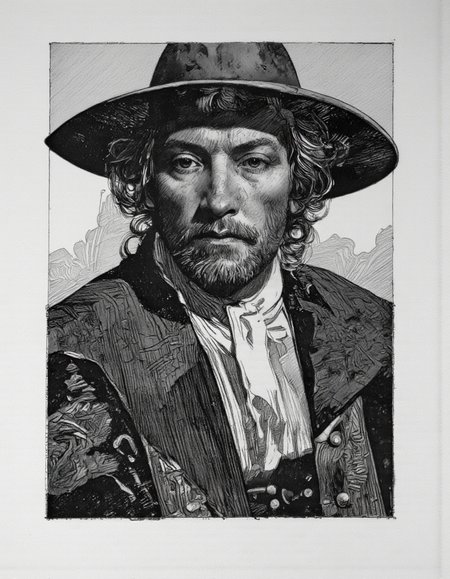 Art by Thomas Haller Buchanan.
This is a highly detailed, black-and-white drawing of a man, rendered in a semi-realistic, high-contrast style on smokey paper.
The drawing is done in a realistic style, with intricate cross-hatching and shading techniques that convey texture and depth. The man has a rugged, weathered face with prominent cheekbones, a strong jawline, and a thick, bushy mustache. His hair is curly and slightly unkempt, and he wears a wide-brimmed hat that casts a shadow over his forehead, adding to the somber mood of the image. His attire is historical, consisting of a high-collared, white shirt with visible folds and a dark, textured coat that appears to be made of a heavy material. The background is minimalistic and white, allowing the focus to remain entirely on the man's face and attire. The artist's skillful use of light and shadow creates a three-dimensional effect, making the man's facial features and clothing textures stand out prominently. The overall style and execution of the drawing evoke a sense of realism and historical accuracy, reminiscent of 17th-century portraiture.