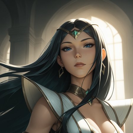 incredibly absurdres, highres, masterpiece, newest,<lora:SentinelIrelia-000011:1>,ireliasentinel, 1girl, portrait, close-up, looking at viewer, blue eyes, black hair, gold diadem, green gemstone, long hair, gold earrings, gold bangle, black elbow gloves, two-tone dress, white dress, black dress, gold trim, backlight, soft lighting, green mist, floating hair,