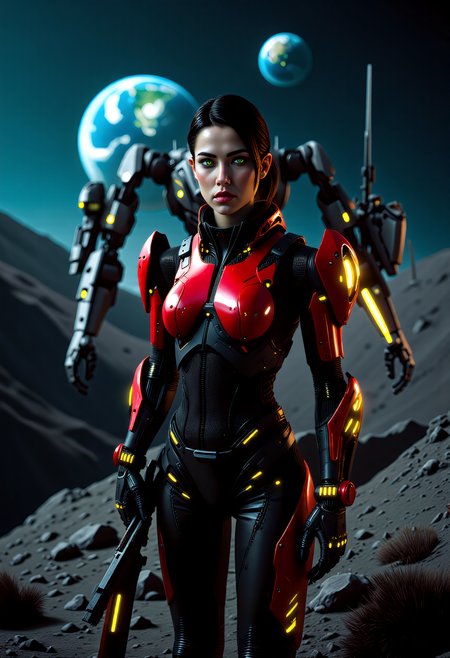 a futuristic lunar colony overlooking Earth, a fierce warrior stands ready for battle. Her medium build, dark hair, and green eyes exude a sense of determination. Dressed in a Synth-Leather red and black power armor Tactical Suit with yellow highlights, a futuristic bodysuit designed for urban operations, its glossy red  surface reflects the neon lights of the colony, contrasting to the flat black parts of the armor. The connects to her cybernetic enhancements. Segmented carbon-fiber panels reinforce her shoulders, chest, and forearms, providing protection without compromising style. She wields a plasma longsword.  Behind her a heavy mech with MechArmor, stands tall, its bulkiness a testament to the strength and versatility of the colony. The colony's domes, shimmering above the Earth's glow, provide a breathtaking backdrop, while the grey lunar landscape and mining rigs add a sense of isolation. This scene, with its off-center composition and extreme close-up on Rina's facial details, captures the essence of a futuristic warrior, showing the fusion of technology and the mysteries of the lunar colony.  <lora:RM_MechArmor_v0.9M> <lora:art and styles/MysticFantasy.safetensors:1.0>,  <lora:flux/flux_realism_lora.safetensors:1.0>,