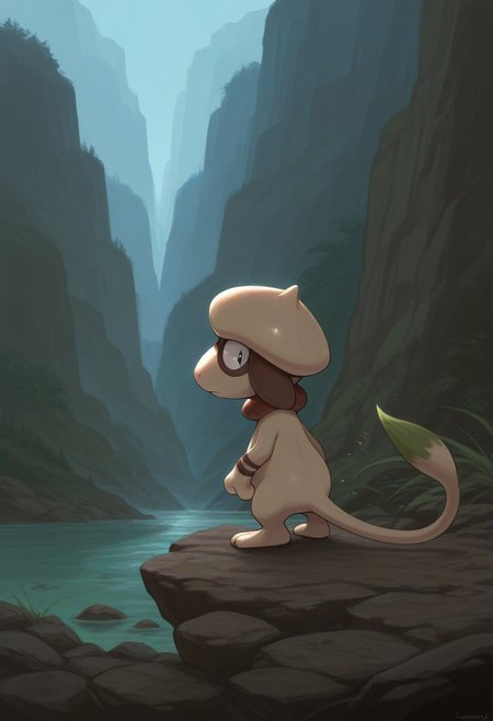pokemon \(classic anime\), 
best quality, masterpiece, amazing quality, very aesthetic, absurdres, 
1boy, solo, no humans, 
standing, profile view, side view, looking to the side, 
smeargle, pokemon \(creature\), 
outdoors