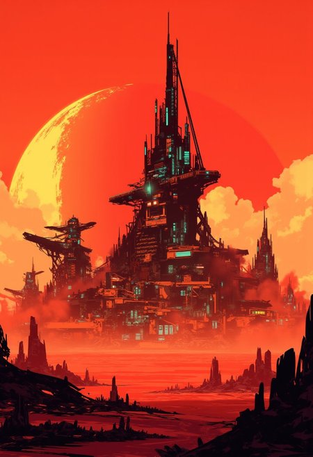 Inkpunk Anime, A digital painting in the style of ck-js, red, orange and black theme, a planetary science exploration base on an arid and dusty landscape, featuring a central control tower, plus numerous armoured turrets with large guns, and smaller research laboratory buildings and living quarters.  Sunset, vivid sky