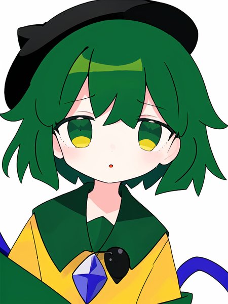 Gorgeous female photo, Masterpiece, best quality, best work, promotional art, beautiful face, (komeiji koishi), green hair, green eyes, black headwear, messy hair, short hair, yellow shirt, collared shirt, frilled shirt, green skirt, heart of string
