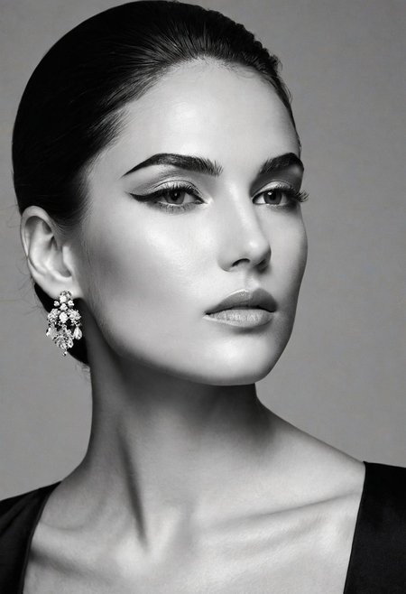 A striking monochrome portrait of a high-fashion model captured in a classic, Vogue-inspired photoshoot. The image focuses on her upper body, showcasing sharp bone structure and flawless skin illuminated by dramatic, high-contrast lighting. Shadows and highlights play artfully across her face, accentuating her high cheekbones, defined jawline, and elegantly arched eyebrows. Her gaze is powerful and direct, exuding confidence and sophistication, with slightly parted lips that add a touch of allure.
Her hair is styled sleekly back, drawing attention to her expressive features and creating a sculpted silhouette against a soft, shadowed background. She wears minimal accessories—perhaps a single, elegant earring catching the light—adding sophistication without distraction. The monochrome palette enhances the texture and contrast, giving her skin a smooth, almost ethereal glow, while the deep shadows add depth and mystery. The overall composition feels timeless and refined, embodying classic beauty and editorial poise with a touch of modern edge.. backinblack, grayscale, monochrome