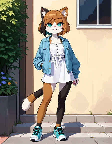 masterpiece, best quality, very aesthetic, absurdres,
outdoors, casual, 
full body, standing, posing, 
seductive smile, parted lips, long eyelashes,
 <lora:Kawa_v01_NAIXL:1>
K4w4,1girl,solo,furry,furry female,cat girl,short hair,multicolored hair,cat ears,aqua eyes,slit pupils,snout,animal nose,whiskers,body fur,two-tone fur,cat tail,striped tail,