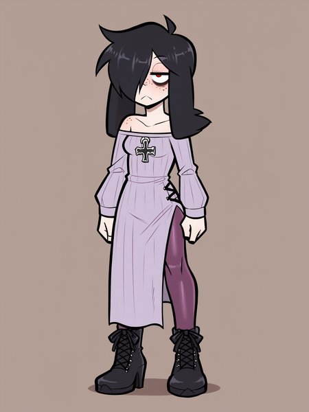 score_9, score_8_up, score_7_up, score_6_up, 1girl, solo, high quality, absurdres, detailed, fine fabric emphasis,
<lora:WossaRem v2:0.9>, wossarem, ribbed see-through dress, purple pantyhose, cross-laced footwear, <lora:Furfrou_v2:0.8> furfrou, (dog ears, dog tail, dog girl), black fur, pale skin, red eyes, jitome, bags under eyes, small breasts, freckles, hair over one eye, body freckles, half-closed eyes, tall female, skinny, very tall, lanky,