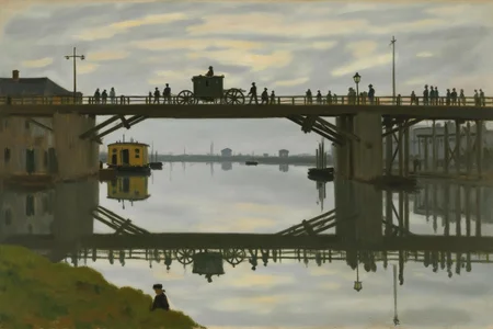 claudemonet1 painting. 
A bridge constructed from wooden beams and metal supports spans a calm river at dusk.
A horse carriage and several figures are walking or standing on the bridge.
The reflection of the bridge is visible in the water.
 <lora:claudemonet1_cap_d8a4e12:1.0><lora:843287477046476611:0>