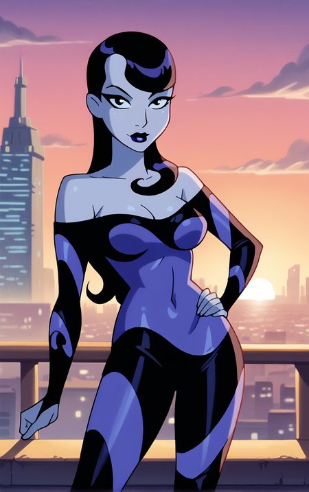 score_9, score_8_up, score_7_up, BREAK
Inque_Human_ownwaifu, 
1girl, black eyes, black hair, breasts, long hair, narrow waist, purple hair, purple lips, purple skin, slime girl, two-tone hair, makeup, lipstick, colored skin, multicolored hair, medium breasts, streaked hair, striped,
black bodysuit, multicolored bodysuit, purple bodysuit, skin tight, bodysuit, bare shoulders, long sleeves, cleavage, off shoulder, covered navel,
(contrapposto, hand on hip), sunset, sidelighting, cityscape, vanishing point, outdoors, <lora:PONYXL_DC_BatManBeyond_Inque_ownwaifu:1> , depth of field, solo,