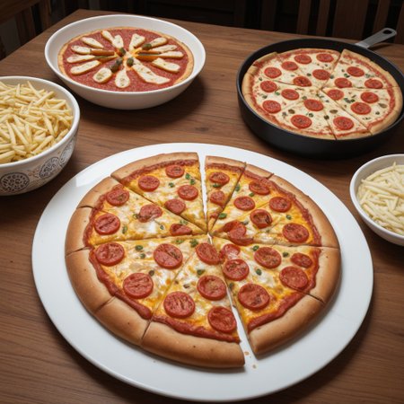 foodpho , High resolution food photography style using Sony A7RIV, The image shows  meat pizza on a wooden cutting board. the filling consists of ham, pepperoni and other meat pizza ingredients. all meat pieces are highly-detailed. lots of cheese, pizza cut into pieces. a bowl  with French fries  nearby on the cutting board. The velvety texture of the fried potatoes. The cutting board is placed on a rustic wooden table. The image is detailed and shot using a 50mm f 1.8 lens.