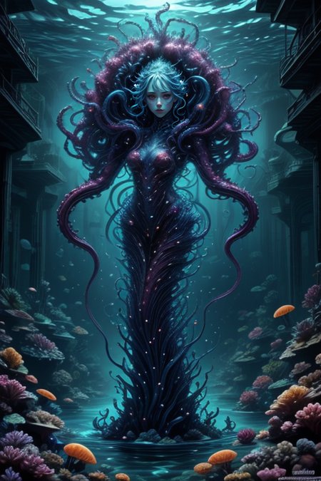 at distance,cowboy shot,posing,flirting,[playful gaze, smirking,radiant smile:1.1],1girl,complex background,complex stuff,<lora:Concept_-_Hella-sthetic_v2:0.7>,<lora:Underwater_world:0.7>,bioluminescence,underwater world,fantastic sea creatures,mermaids,watercraft,tentacles,coral,organisms and other marine life,fantastic and mythical sea creatures,, intricate, elegant, highly detailed, symmetry, magical atmosphere, sharp focus, majestic, very coherent, radiant, advanced, cinematic, artistic, fine detail, winning, beautiful, stunning, dramatic light, designed, rich deep colors, perfect professional background, ambient, tailored set composition