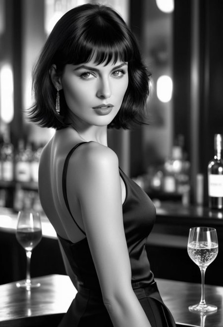  beautiful woman ,seductive, Hair like Mia Wallace, counter , tuxedo,Skirt,only color is a glass of Aperol spritz (masterpiece) (best quality) (detailed) (8k) (HDR) (wallpaper) (cinematic lighting) (sharp focus) (intricate)