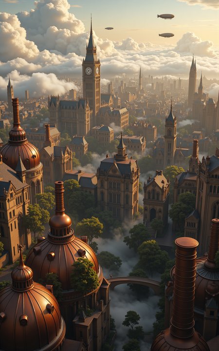 high-altitude view of an expansive Victorian steampunk city,intricate rooftops with copper domes,chimneys,and ornate towers stretching to the horizon,floating gardens drifting between buildings,soft golden light filtering through thick clouds,gears and airships visible in the sky,no people,vivid style,
<lora:aidmaMJ6.1v0.4:0.6>,aidmaMJ6.1,<lora:AntiBlur:0.8>,