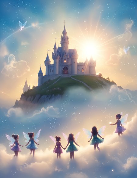 cloud art, cute mythical beings made from clouds, fluffy fairies, tiny sprites, magical sky, soft lighting, vibrant colors, whimsical, ethereal, detailed, high contrast, hyper-realistic, playful, imaginative, high-definition, gentle, warm atmosphere, BREAK
pixie castle, crowded by pixie, magical dust, dust cloud, 
 <lora:polyhedron_lense_flares-000005:1> lense flare, lense flares, anamorphic lense flares, rainbow flares <lora:CinematicStyle_v1:1>