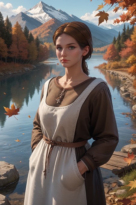 score_9, score_8_up, score_7_up, score_6_up
<lora:KCDTheresa:0.8>
KCDTheresa, 1girl, brown hair, green eyes, long hair, low ponytail, looking at viewer, hands in pocket, outdoors, autumn, lake, tree, mountain, falling leaves, wind