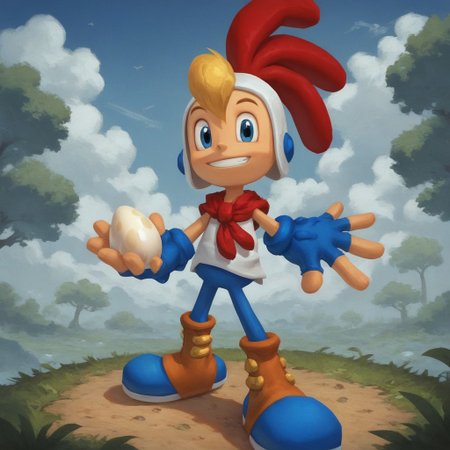score_9, score_8_up, score_7_up, pinup pose, Expressiveh, looking at viewer, perfect face, colorful, dramatic angle, unique perspective, unique angle, wide angle, grass, egg, holding egg, holding, egg, weird buildings, 1boy, solo, blue gloves, smile, teeth, fingerless gloves, blonde hair, blue eyes, boots, sitting