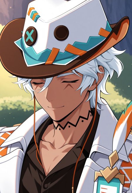 masterpiece,best quality,amazing quality, source_anime,
ifagimpa, 1boy, male focus, solo, dark skin, dark-skinned male, closed eyes, white hair, hat, cowboy hat, white headwear, neck tattoo, collarbone, shirt, black shirt, coat, white coat, portrait, smile, outdoor,
