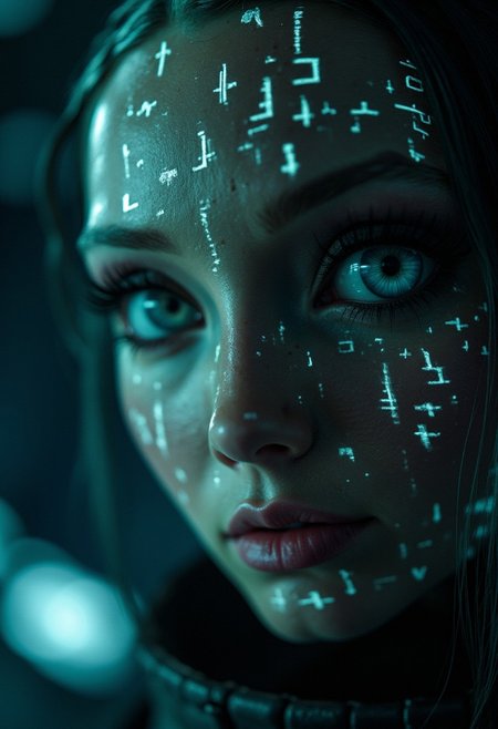 lines of unknown symbols overlay on the face of a alien in the spaceship, on the face printed projected overlaid unknown symbols, side light, contrasting shadows emotional look, big triangular eyes!! sci-fi, surreal, close-up, hyper-realistic, hyper-detailed, professional photoshoot, vivid color, chiaroscuro lighting
