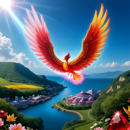 score_9, score_8_up, score_7_up, (Phenomenal Phoenix from pink and red crystals flying in the sky in its splendor, intense pink and red glowing aura on the phoenix's body, powerful energy reside inside the core of phoenix's body and the phoenix's eyes radiating blazing heat:1.37), strong focus on subject, strong bokeh, masterpiece, flawless complexion, top quality, best quality, ultra-realistic, ultra-detailed, 8k, highest resolution, surreal, incredibly lifelike, real life photo reality, lots of colorful kinds of beautiful flowers, bunches of tiny little animals, tiny birds and butterflies flying around, fish jumping in the air, wisdom tree, sunlight, perfect shadow, perfect panorama photo, lakes, meadows, best artistic scenery, colorful, rich colors, perfection artistic, uncanny realism, realism pushed to extreme, outstanding clear photo quality, immaculate-micro-details phoenix, intricate details, awards winning legendary almighty beast photography, 360 View, 360, micro details photography, shot on Canon EOS 5D, glamour photography, radiant god rays, Ilford HP5 Plus, Photographers by Tim Walker, technicolor, digital art, depth of field, (distant view:1.6)