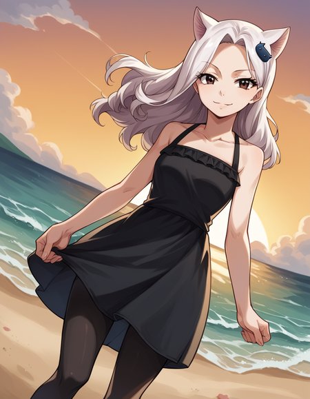 score_9, score_8_up, score_7_up, source_anime, <lora:fairytail-carla-anime-ponyxl-lora-nochekaiser:1>, fairy tail carla, long hair, hair ornament, animal ears, brown eyes, white hair, cat ears,, dress, pantyhose, black dress, black pantyhose, frills, bare shoulders, collarbone,, beach, sunset, walking along shore, footprints in sand, waves, peaceful, smile, looking at viewer, arm holding an object, solo,, cowboy shot, dutch angle