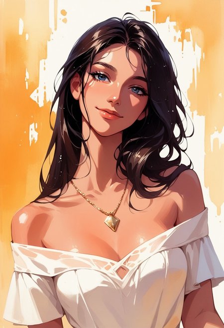 score_9, score_8_up, score_7_up, score_6_up, source_cartoon, 1girl, female, solo, femenine, petite, lean, pale skin,, soaking wet hair, smile, diaphonous white dress, bronze necklace, medium breasts, female focus, official style, close up, perfect anatomy, perfect face, standing,  abstract beauty, beautiful, centered, looking at the camera, approaching perfection, dynamic, moonlight, highly detailed, watercolor painting, artstation, concept art, smooth, sharp focus, illustration, portrait