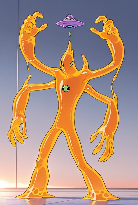 <lora:goop-09:1> goop, solo, no humans, male focus, orange skin, pokemon (creature), slime (substance), translucent character, transparent skin, floating small  ufo on head, dynamic pose, stretchy limbs, purple slime, massive hands, 
two heads, looking at each other, multiple arms, mitosis, splitting, multiple heads,, masterpiece, best quality, amazing quality, very aesthetic, absurdres, newest,