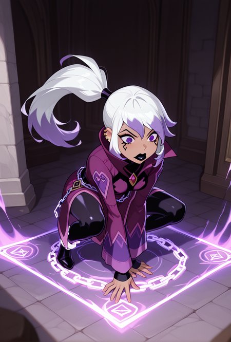 <lora:charmov:1> charmov, long hair, ponytail, , white hair,, 1girl, multicolored hair, purple eyes, ear piercing, two-tone hair, makeup, solo, long sleeves, black lips, purple jacket, long jacket, popped collar, facial expression, dynamic pose,,   <lora:hold_person-_magic_:1> Hold_person, aura form body , square magic, chain, magic chain, crouching, chained down,, masterpiece, best quality, amazing quality, very aesthetic, absurdres, newest,