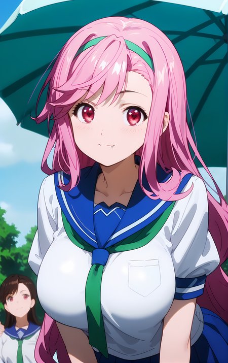 (score_9, score_8_up, score_7_up), standing, leaning forward, looking at viewer, light smile, closed mouth, shiny skin, tight clothes,
ohwx, 1girl, solo, pink_hair, long_hair, hairband, pink_eyes, red eyes, heart, fang, fang_out, breasts, large_breasts,
school_uniform, serafuku,
gazebo,
cowboy shot, dutch angle, close-up,
 <lora:shiria_ootsuka_pony_ss:1>