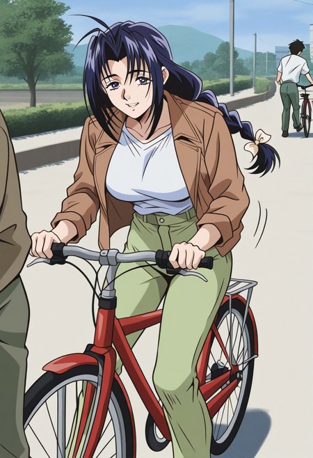 masterpiece, best quality, newest, highres, uncensored, 1girl, yokota mamoru style,1girl, slender face，motion lines,happy
Amou Miyuki OVA,Black Hair, Blue Hair, Curtained Hair, Parted in Middle, Ponytail, Waist Length Hair,Blue Eyes, Tareme Eyes,Big Breasts,ground vehicle, braid, bicycle, 1boy, 1girl, black hair, long hair, multiple boys, day, bow,The image is a digital drawing in an anime style, depicting a scene set in what appears to be an urban environment. In the foreground, a young man and woman are riding a bicycle. The man, with short, messy black hair, is dressed in a brown jacket over a white shirt and green pants, riding the bicycle.