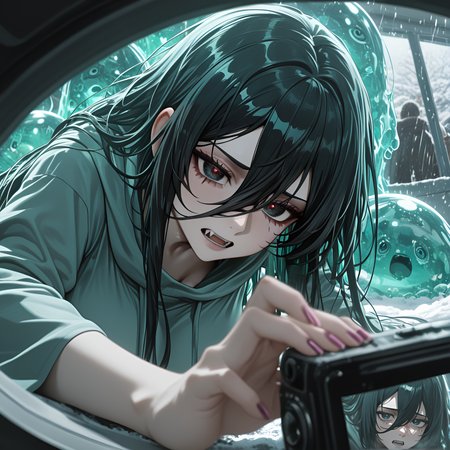 1girl, very aesthetic, blurry foreground, absolutely eye-catching, very long hair, anime character, slime_(creature), motion_lines:1.1, amazing quality, RTX, Mikasa Ackerman (Attack on Titan), newest, group, depth of field, nail_polish, fangs, long_nails, Curio Haven Technomancer Robes - Technology-enhanced robes that interface with ancient relics., taking_a_photo, Electric Jade Theme, In the style of CYBERPUNK, masterpiece, holding_camera, Divine Light / Holy Radiance, hanging breasts, Icy tips hair, motion_blur:1.1, dreamcore, Reptilian Alien, absurdres, snow, eye focus, 8K, ultra-detailed, sandals, best quality, Prisoner desperately pulling at chains as moonlight filters through barred window, Artfully tousled, pale skin, large breasts, ambient occlusion