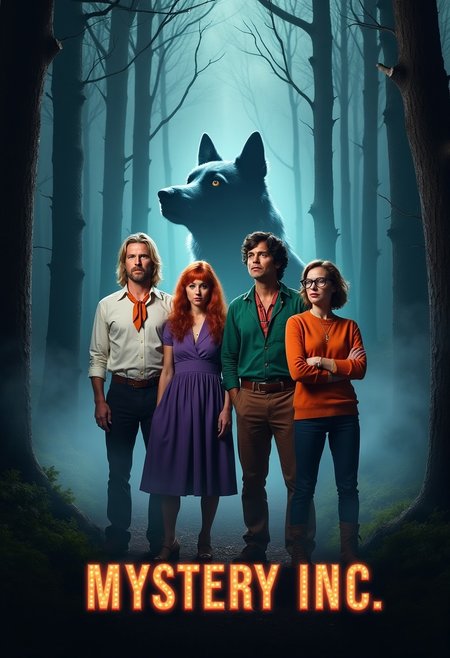 A mystery movie poster featuring four adults, one man in a white shirt orange ascot blonde hair, one hippie man with a green shirt and brown pants, one woman with a purple dress orange hair,  one nerdy woman with an orange sweater and glasses short brown hair, a shadow of a large dog is in the background. Set in a misty forest at night, where mist rises up from the ground. The characters are posed looking out in searching pose, A movie poster with the title "MYSTERY INC" at the bottom, action mystery film,mvpstrCE style