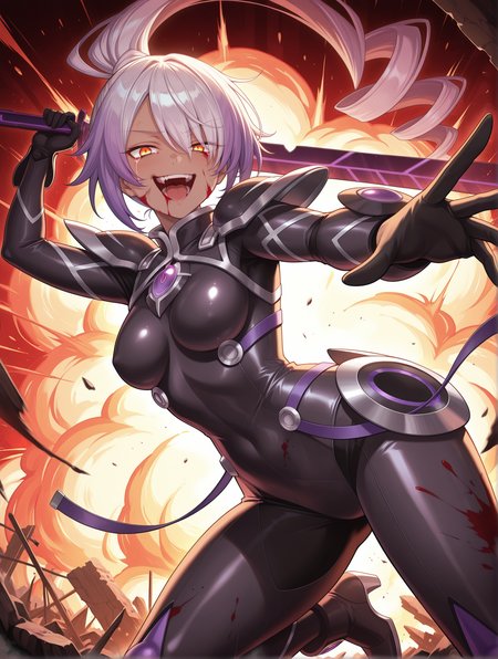sky striker ace - azalea,1girl,solo,open mouth,looking at viewer,medium breasts,holding purple katana,purple katana,high ponytail,black battle bodysuit,evil grin,ruins,fire,blood on clothes,blood on face,half-closed eye,explosion,crazy smile,dark-skinned female,single_tear,outstretched hand,weapon over shoulder, incoming attack, blood from eyes, 
masterpiece,best quality,amazing quality,very aesthetic,absurdres,newest,<lora:sky striker ace - camellia and azalea illusXL v2:0.75>,