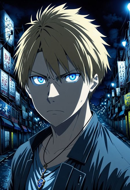 high resolution, solo, best quality, 1Boy, Yamato Ishida, Blond Hair, Blue Eyes, Necklace, potrait, midnight, dim street lights, mysterious, threatening, aiming the weapon to the viewer, OverallDetail