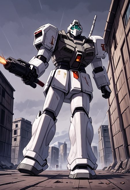 score_9, score_8_up, score_7_up, source_anime, cowboy shot, side view, BREAK, ( gm_cold_districts_type, looking up, running, rifle, aiming up, beam saber on back, ) 1mech, mech focus, solo, BREAK, white to grey background, cold lighting, score_9, score_8_up, score_7_up, source_anime, cowboy shot, side view, dutch angle from below, BREAK, ( ) 1mech, mech focus, solo, BREAK, city, ruins, overcast, cloudy sky, rain clouds, broken concrete, dirty, (score_9, score_8_up), score_7_up,  <lora:PonyImperialF40k:0.8> ImperialF40k, power armor,