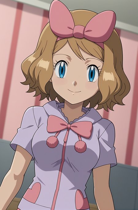 score_9, score_8_up, score_7_up, source anime, anime, animification, anime screencap, anime coloring, vivid colors, shiny skin, skindentation, deep skin, depth of field, high quality, highres, (dynamic angle,dynamic pose),
serenapajamas, 1girl, solo, looking at viewer, smile, short hair, blue eyes, brown hair, shirt, bedroom, ribbon, closed mouth, upper body, short sleeves, hairband, shiny, shiny hair, eyelashes, transparent background, pink bow, purple shirt, pink hairband, serena \(pokemon\)
BREAK
masterpiece,high quality
 <lora:Serena_Pajamas_XL:0.9>