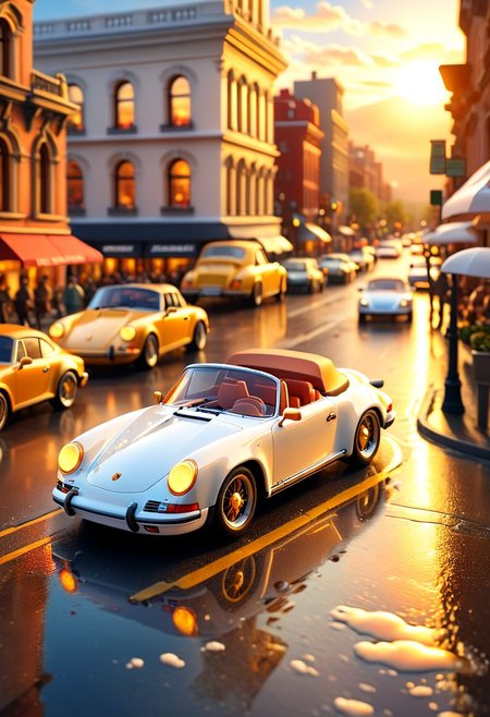 ispzxll, diorama, isometric, miniature, volumetric lighting style, intricate details, wide angle,, white porsche convertible car, wet pavement, crowded busy city street, reflective surfaces, glossy, golden hour, long shadows, fluffy clouds, sun rays shining through, 8k
