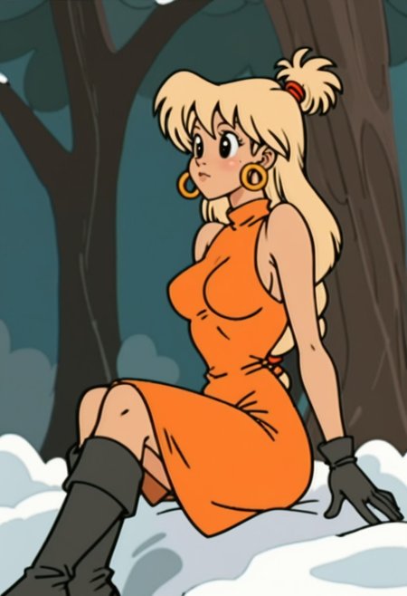 score_9, score_8_up, score_7_up, score_6 
woman, tiffany, kangoo,detailed eyes, detailed face, (retro artstyle, 1990s \(style\), flat color, toon \(style\)),1girl, female, dress, solo, female,black eyes, breasts, outdoors, red dress, snow, tree, signature, medium breasts, sleeveless dress, boots, black footwear, sleeveless, orange dress, closed mouth, bare shoulders, full body, body, alternate hair length, long hair, alternate hairstyle, arm support, gloves, sitting,blonde hair