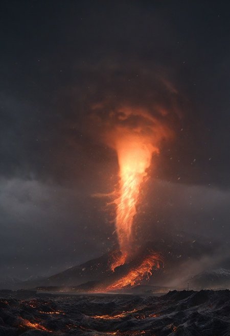 A highly detailed and dramatic rare photo shot of a ((Tornado)) with a winter mountain background, swirling tornado engulfed with flames and lava form flow, city destruction, 8k sharp focus, micro unreal engine 5 effects, photorealistic fantasy