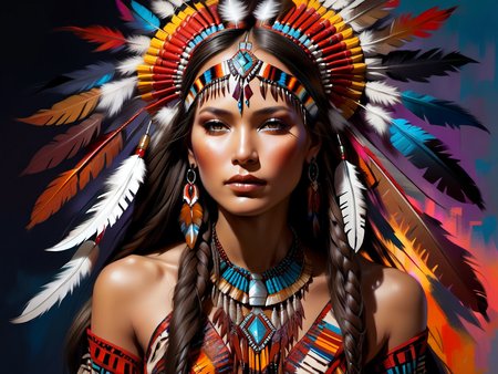 <lora:CulturePunkAI_1Pruned:.9> TotemPunkAI Sioux  fashion, woman Highly detailed, amazing, Impressive lighting, vibrant colors, Ultra Realistic, High quality, Highly detailed, trending on artstation