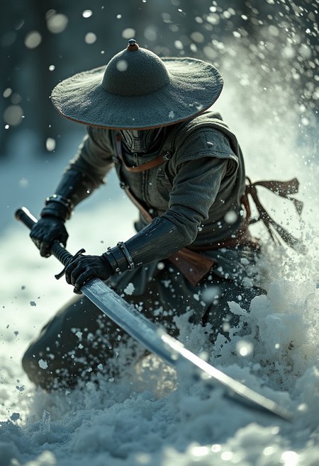 upper body closeup shot, old grainy analog photo, bad image quality, heavy film grain, monochrome with low key color spots, Create an action scene featuring a mechanical ninja in a broad outworn sedge hat, standing in the midst of an ice forest. He is executing a powerful sword strike that carves a furrow through the ice on the ground, scattering them away or disintegrating them with the force of the blow. The ninja's stance is calm and cool, with only his silhouette visible against the backdrop of the setting sun, which shines through parts of his metallic body. His billowing Linen cape adding to the dramatic effect. The scene is vibrant with atmospheric lighting and cinematic composition.