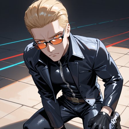 PonyScores7, source_anime, ah1, best quality, (masterpiece:1.4), (high quality:1.4), sharp focus, 4k, absurd resolution, <lora:albertwesker-guy-PONYv1:0.8> albertwesker, albert wesker, 1boy, solo, blonde, black gloves, sunglasses, belt, pants, black coat, black pants, looking at viewer, toned, athletic, fit, slicked back hair, black turtleneck, zipper, mature male, (graphene textured clothes), black boots, (savior, with a radiant aura and a healing touch rescuing those in peril), (Hauntingly, sinister pawnshop), bad-hands-5, ((Elated expression)), <lora:xl_more_art-full_v1:0.2>, <lora:shinyskin2:0.2> glistening skin, <lora:aesthetic_anime_v1s:0.2>, <lora:Expressive_H:0.2> Expressiveh, <lora:hairdetailpxl:0.2> hairdetailpxl, <lora:detailxl:0.2> detailxl, (High Angle (from the side) view Extreme Close shot (focus on knees)), (Golf wear), (focused, intense glare), slit pupils, short hair, (reddish orange eyes), best quality, amazing quality, best aesthetic, absurdres, <lora:expressive eyes:0.2> expressive eyes, <lora:eyedetailpxl:0.2> eyedetailpxl, illustration, Volumetric_Lighting, ultra-detailed, very aesthetic, intricate details, 8k, masterpiece, best_quality, (angular face, sharp_featured face),
