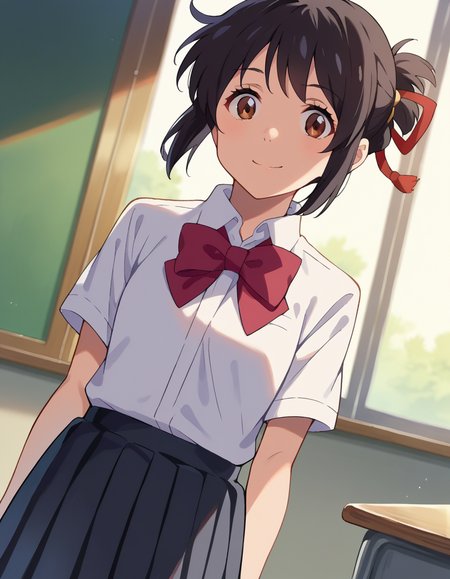 score_9, score_8_up, score_7_up, source_anime,
mitsuhamiyamizu, <lora:mitsuha-miyamizu-ponyxl-lora-nochekaiser:1>,
mitsuha miyamizu, black hair, brown eyes, smile,
short hair, bow, ribbon, hair bun, school uniform, hair ribbon, bowtie, red ribbon, shirt, white shirt, collared shirt, short sleeves, skirt, black skirt, pleated skirt,
indoors, classroom,
looking at viewer, dutch angle, cowboy shot,