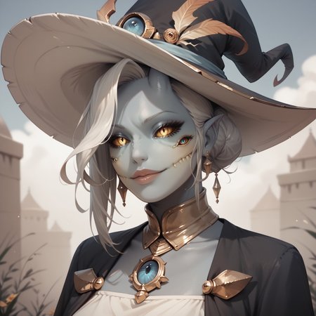 safe_pos, ,score_9, score_8_up, score_7_up, score_6_up, score_5_up, score_4_up, breasts, fishnet pantyhose, detailed face, high quality, high resolution, detailed body, ,  butt, blue skin, blue face skin, witch hat, ,Zamite, four eyes, horns, zPDXL3