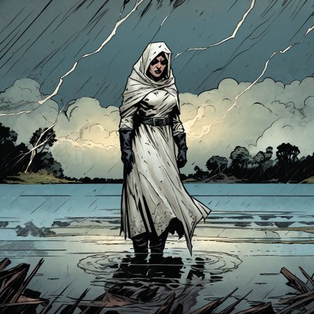 high-definition 8k comicish artwork in dgst artstyle of woman with veil over head, (wearing a white simple wedding dress with black boots and elbow gloves:1.3) standing in a lake during a thunder storm with lightning strikes in the sky
