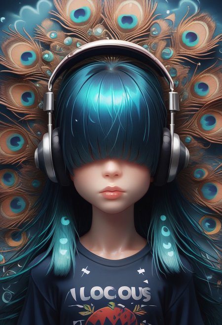 score_9, score_8_up, score_8_up, 1girl, peacock patterned hair, ( straight long hair:1.2), ( bangs over eyes:1.2), solo, peacock long sleeve T-shirt, headphones, high angle, mix of colors space background,