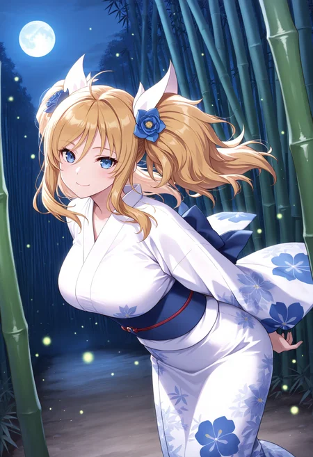masterpiece, best quality, 1girl, solo, looking at viewer, dfKirara, twintails, blonde hair, hair ornament, yukata, kimono, print kimono, japanese clothes, hair flower, outdoors, (bamboo forest), full moon, night, wind, arms behind back, obi, fireflies, leaning forward, closed mouth, smile