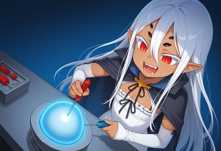 ((taimanin anemone, spider girl, dark-skinned female, expressive face, very long white hair, hair between eyes, pointy ears, red eyes, slit pupils, 6extra dark eyes, flat chest, white short dress, front chest ribbon, long black cape, white fingerless arm warmers)):1.3),
(1girl, solo, happy, mouth, open teeth, dumb face),
((demon_core, meme_demon_core, meme, 1screwdriver, holding screwdriver, screwdriver inside demon_core, blue light, blue radiation, ):1.3),
(score_9, score_8_up, score_7_up, score_6_up, masterpiece, best quality, newest, amazing quality, highres, enhanced colors, colored shadows, smooth edges, dynamic angle, wide shot, blending)